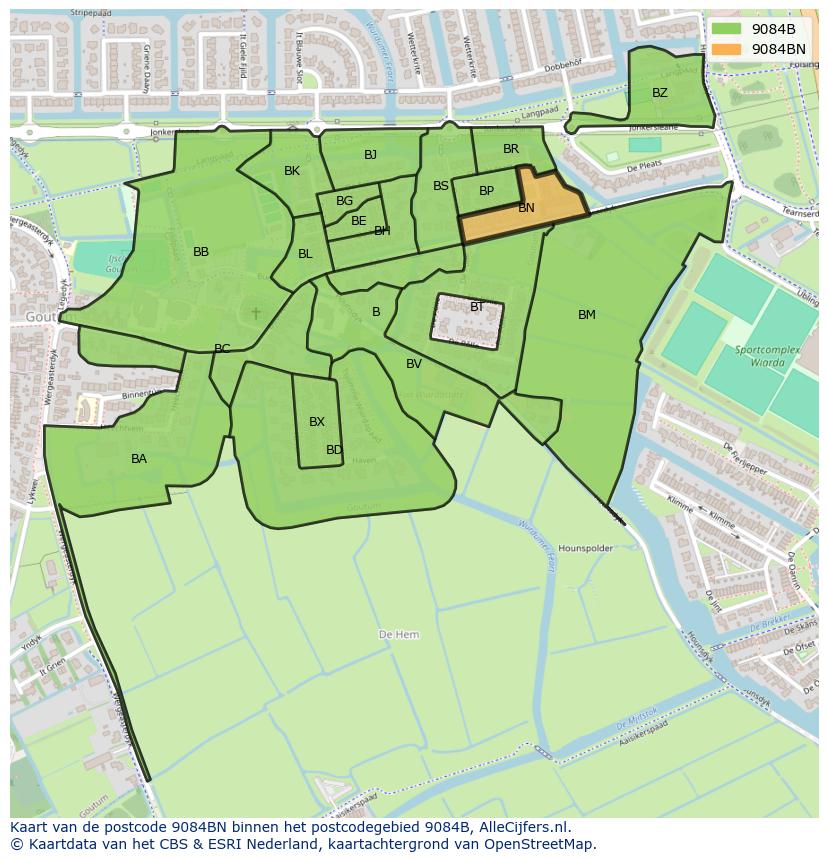 Afbeelding van het postcodegebied 9084 BN op de kaart.