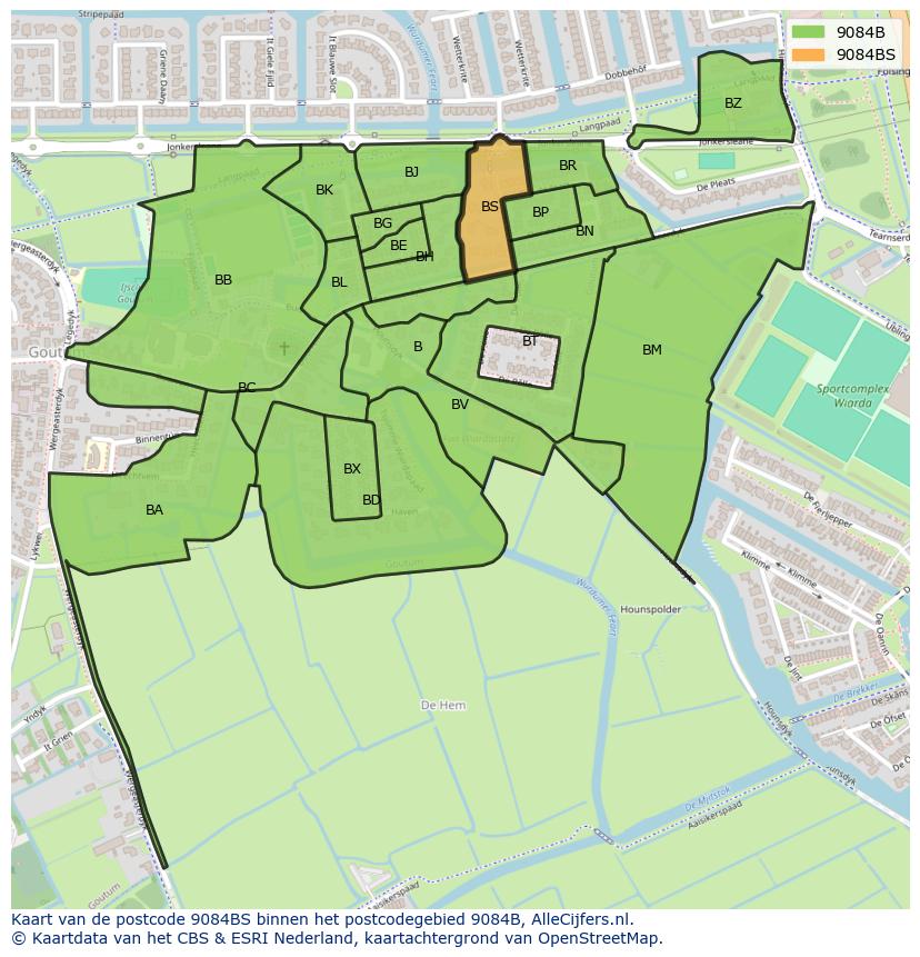 Afbeelding van het postcodegebied 9084 BS op de kaart.