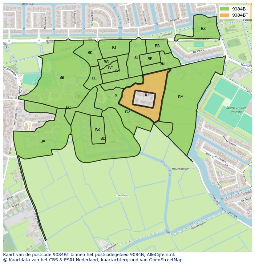 Afbeelding van het postcodegebied 9084 BT op de kaart.