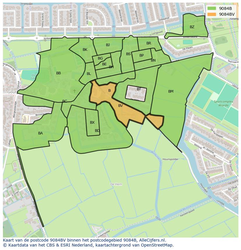 Afbeelding van het postcodegebied 9084 BV op de kaart.