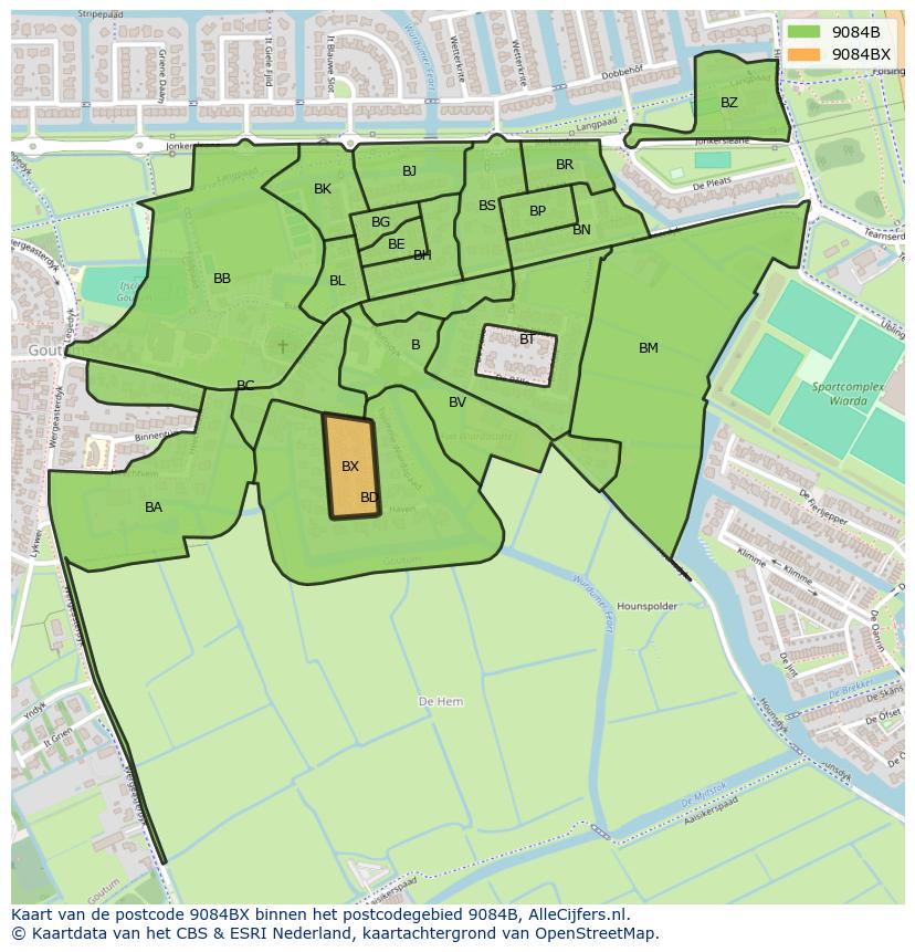 Afbeelding van het postcodegebied 9084 BX op de kaart.