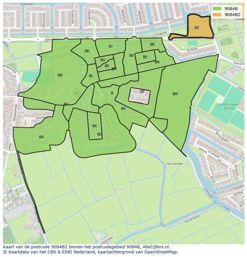 Afbeelding van het postcodegebied 9084 BZ op de kaart.