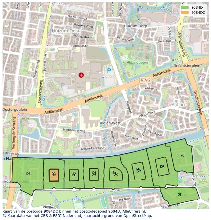 Afbeelding van het postcodegebied 9084 DC op de kaart.