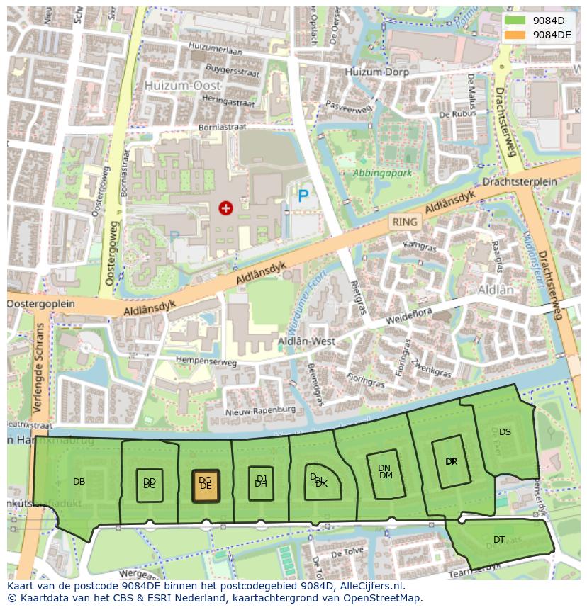 Afbeelding van het postcodegebied 9084 DE op de kaart.