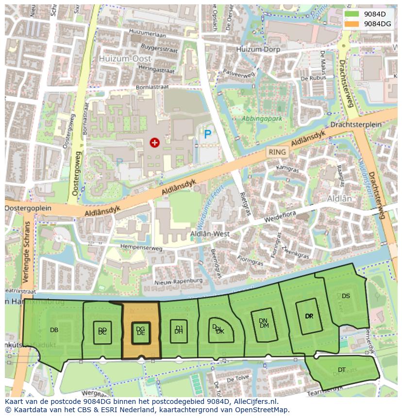 Afbeelding van het postcodegebied 9084 DG op de kaart.