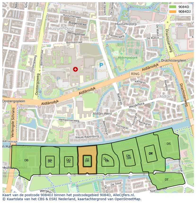 Afbeelding van het postcodegebied 9084 DJ op de kaart.