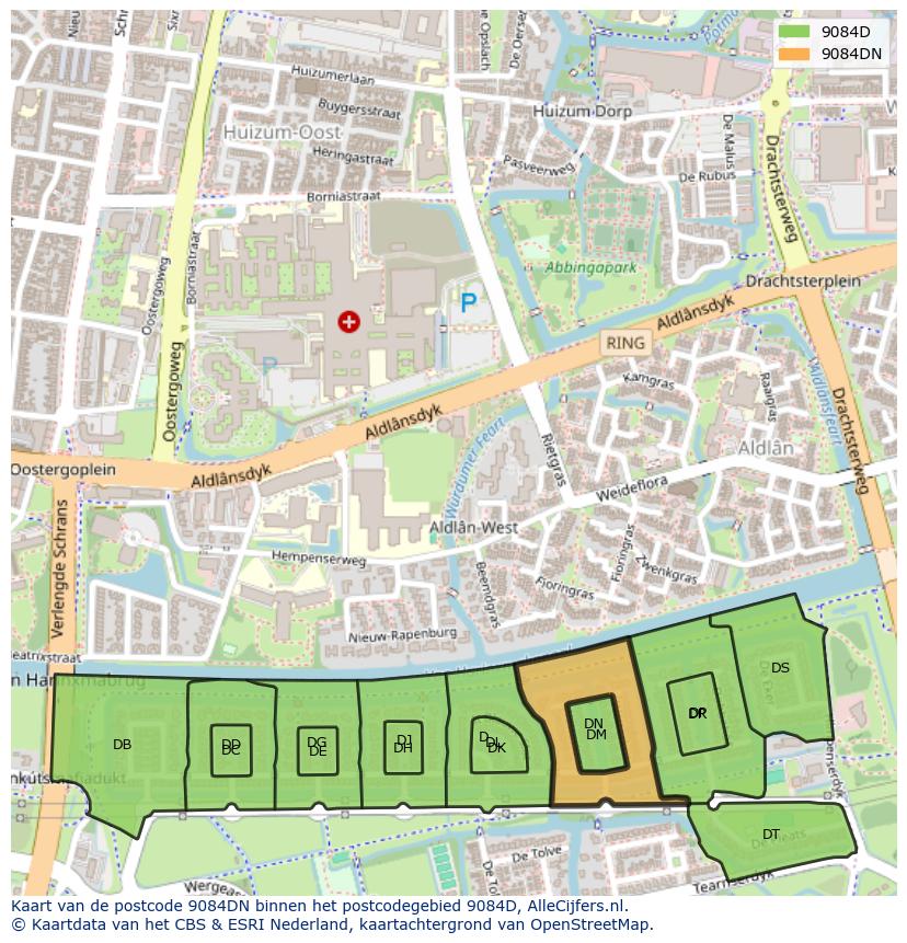 Afbeelding van het postcodegebied 9084 DN op de kaart.