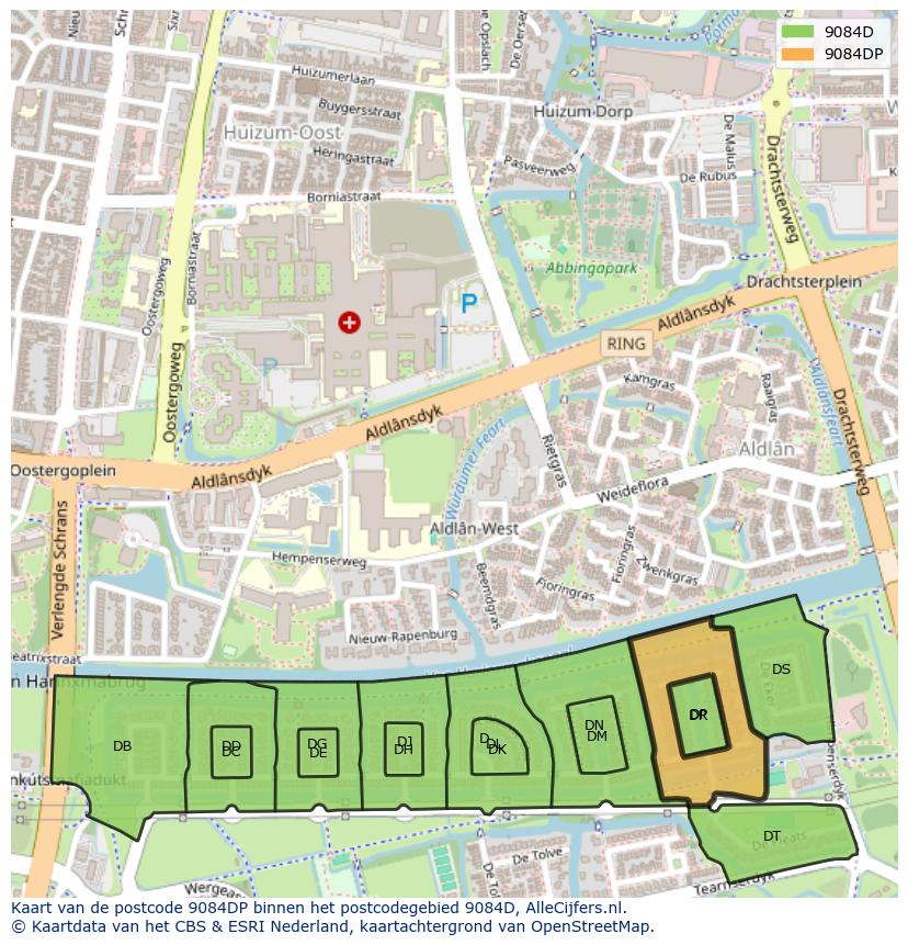 Afbeelding van het postcodegebied 9084 DP op de kaart.