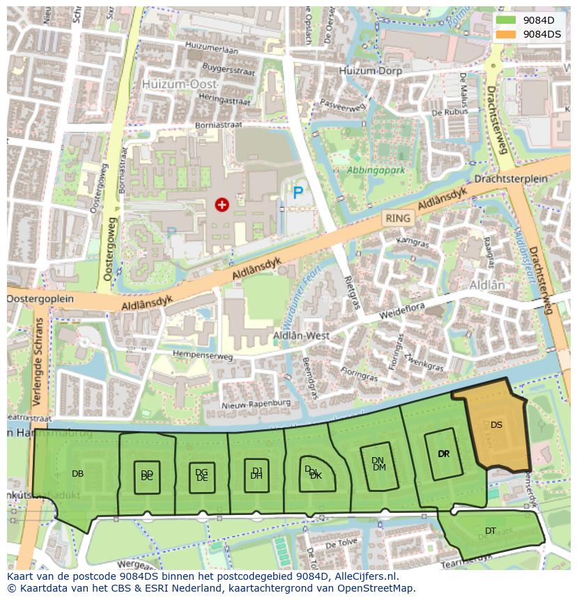 Afbeelding van het postcodegebied 9084 DS op de kaart.