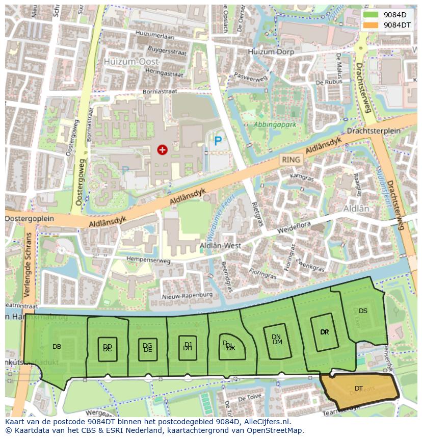 Afbeelding van het postcodegebied 9084 DT op de kaart.