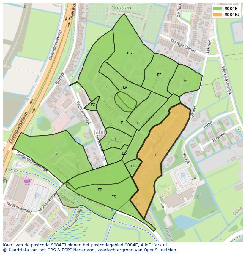 Afbeelding van het postcodegebied 9084 EJ op de kaart.