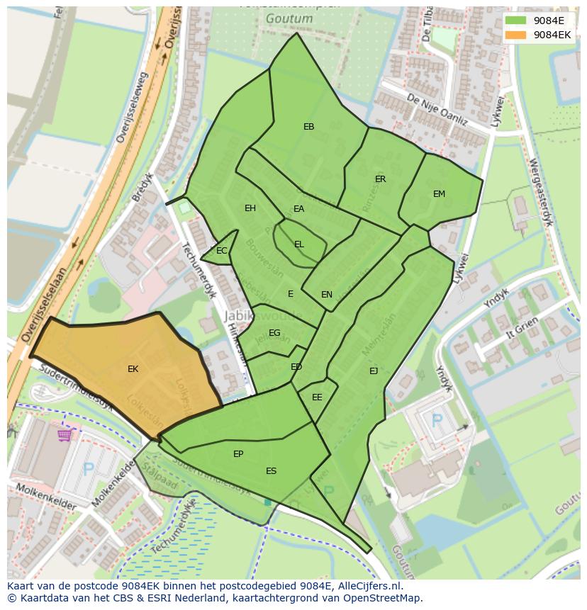 Afbeelding van het postcodegebied 9084 EK op de kaart.