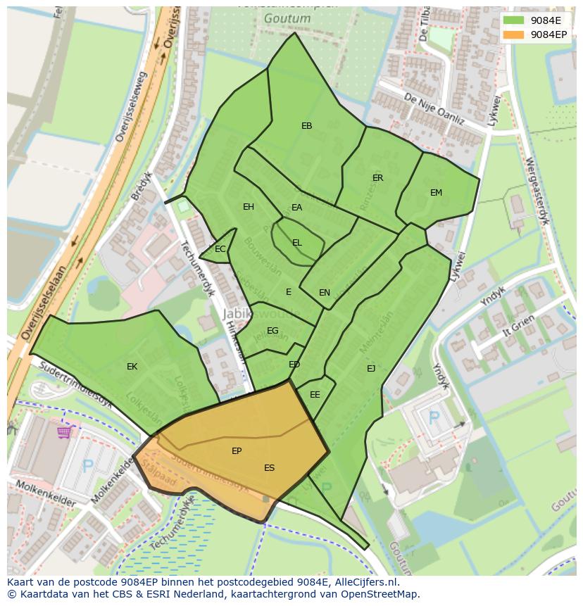 Afbeelding van het postcodegebied 9084 EP op de kaart.