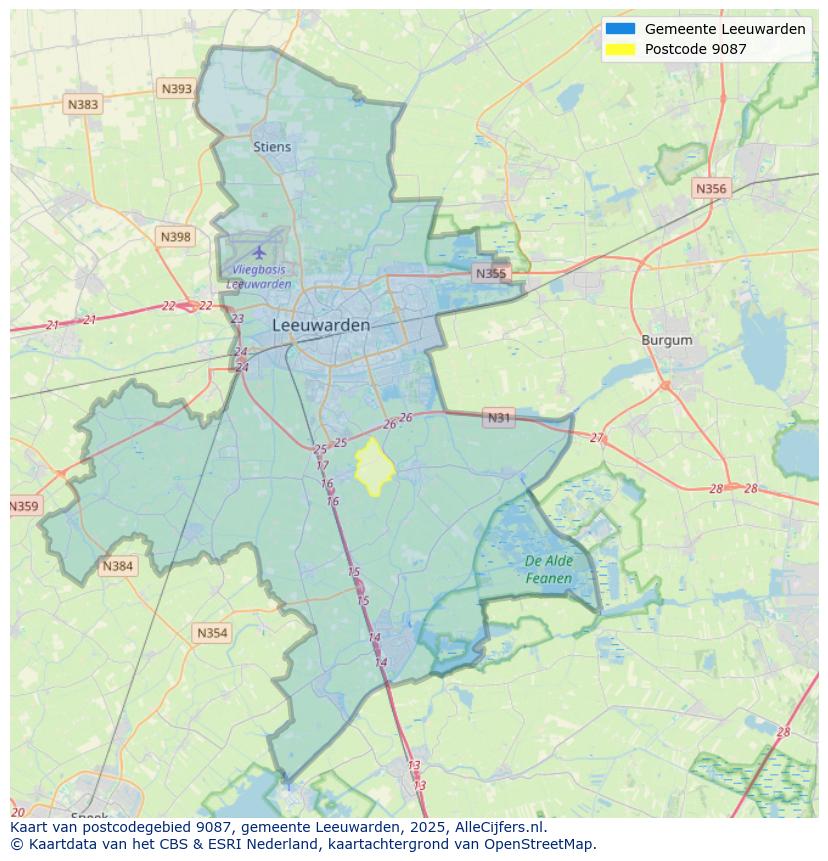 Afbeelding van het postcodegebied 9087 op de kaart.