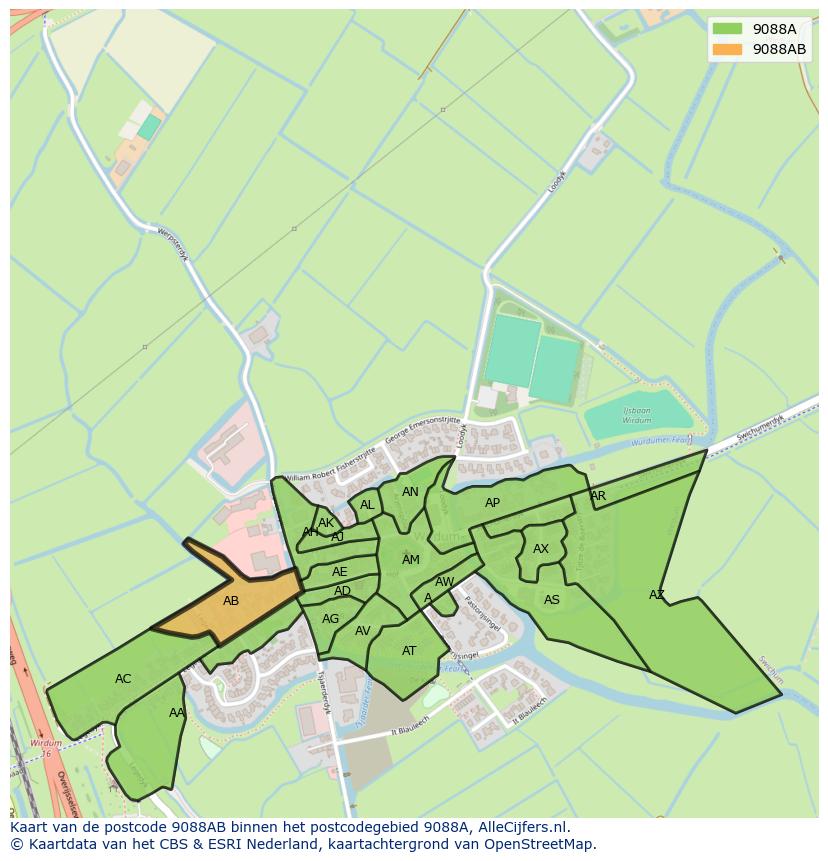 Afbeelding van het postcodegebied 9088 AB op de kaart.