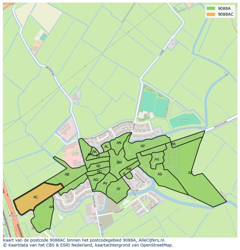 Afbeelding van het postcodegebied 9088 AC op de kaart.