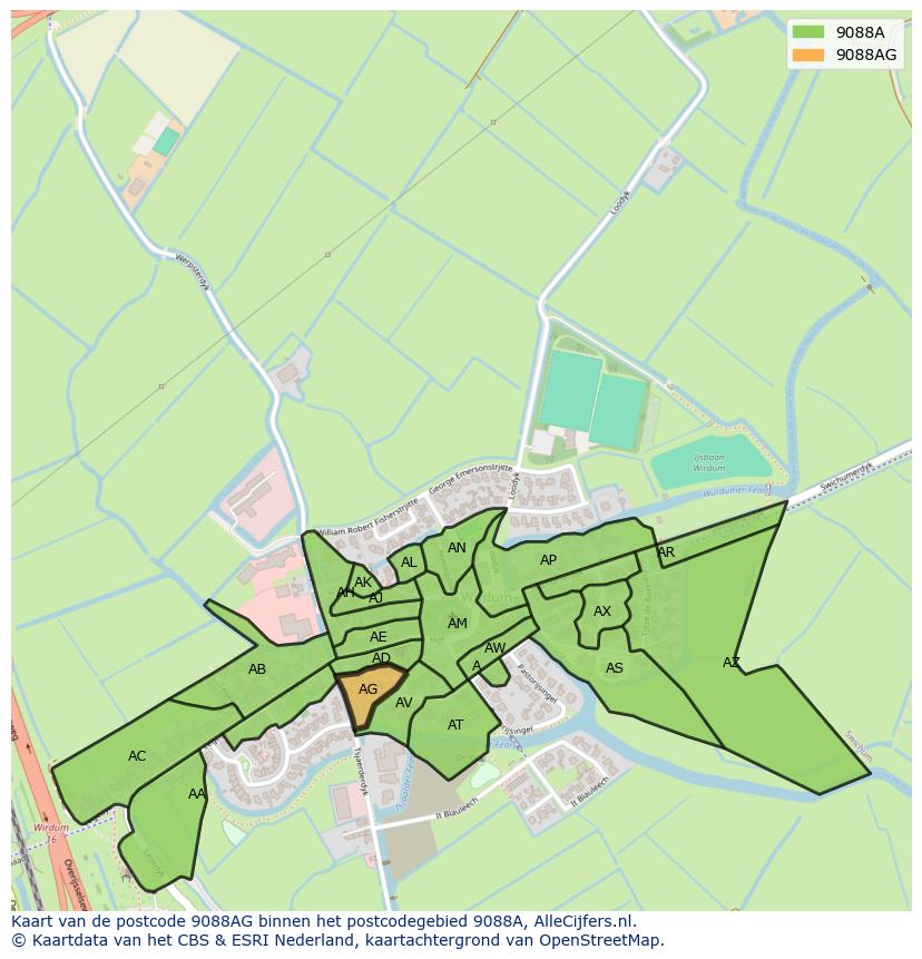 Afbeelding van het postcodegebied 9088 AG op de kaart.