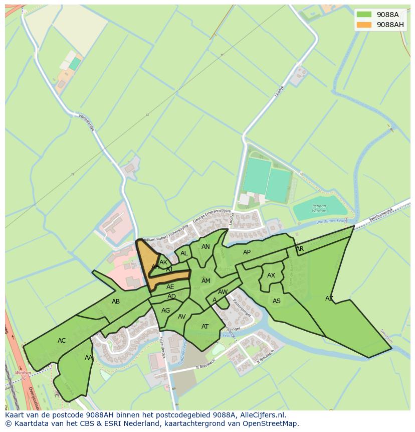 Afbeelding van het postcodegebied 9088 AH op de kaart.