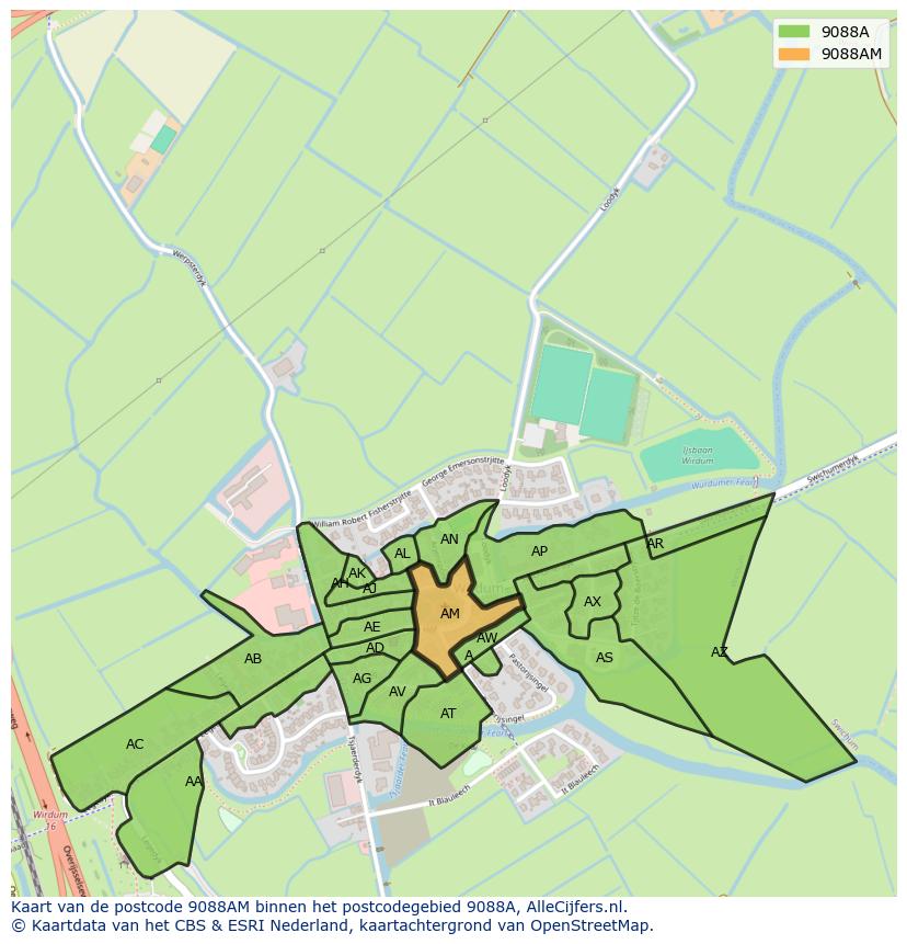 Afbeelding van het postcodegebied 9088 AM op de kaart.