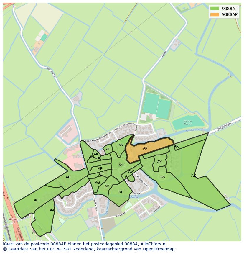 Afbeelding van het postcodegebied 9088 AP op de kaart.