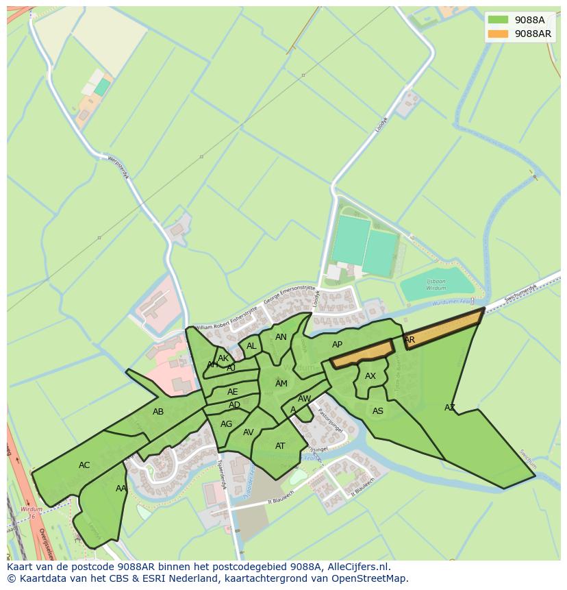 Afbeelding van het postcodegebied 9088 AR op de kaart.