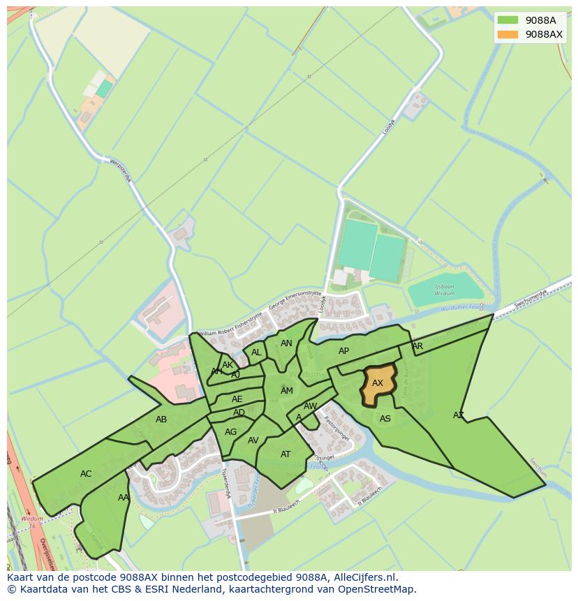 Afbeelding van het postcodegebied 9088 AX op de kaart.