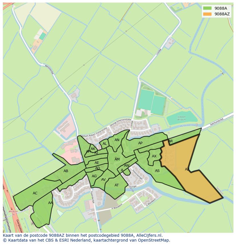 Afbeelding van het postcodegebied 9088 AZ op de kaart.