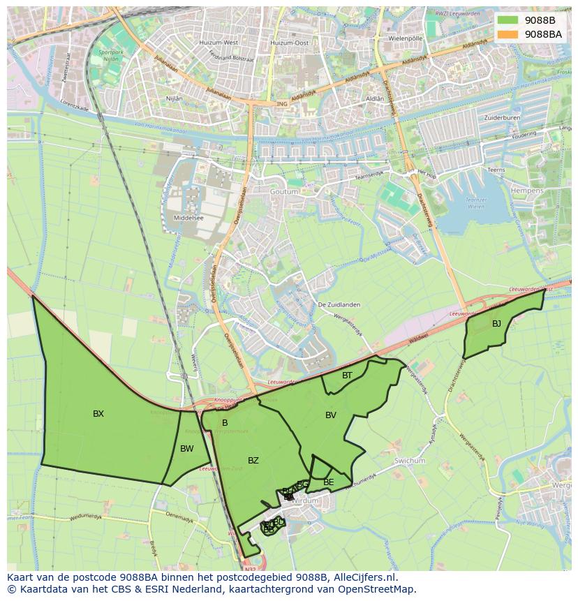 Afbeelding van het postcodegebied 9088 BA op de kaart.