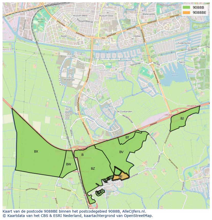 Afbeelding van het postcodegebied 9088 BE op de kaart.