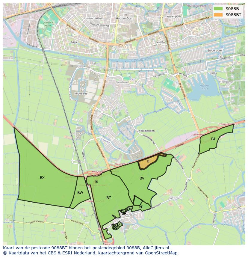 Afbeelding van het postcodegebied 9088 BT op de kaart.