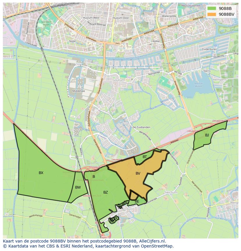 Afbeelding van het postcodegebied 9088 BV op de kaart.