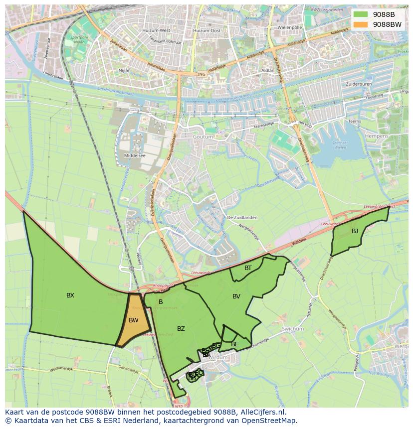 Afbeelding van het postcodegebied 9088 BW op de kaart.