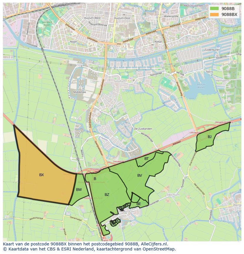 Afbeelding van het postcodegebied 9088 BX op de kaart.