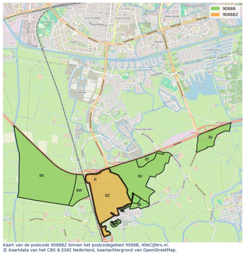 Afbeelding van het postcodegebied 9088 BZ op de kaart.