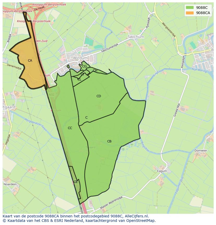 Afbeelding van het postcodegebied 9088 CA op de kaart.