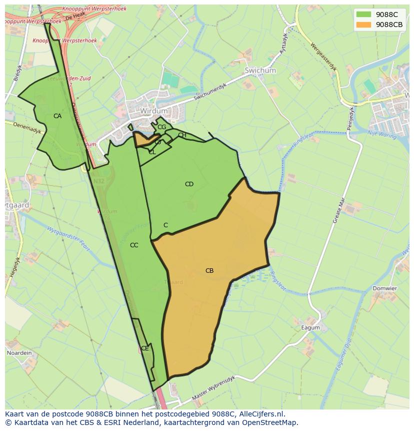 Afbeelding van het postcodegebied 9088 CB op de kaart.