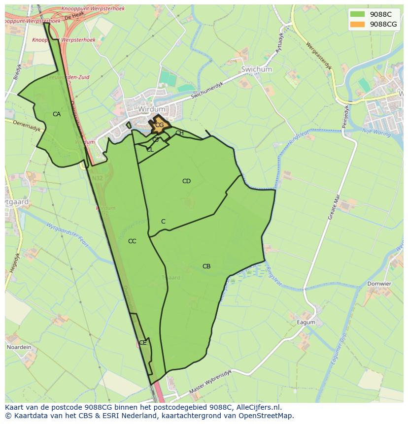 Afbeelding van het postcodegebied 9088 CG op de kaart.