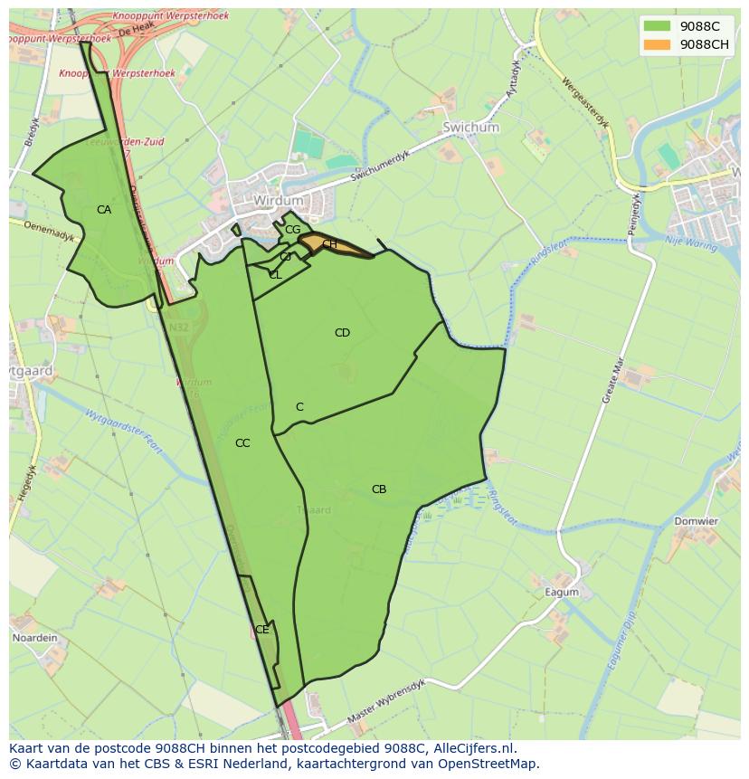 Afbeelding van het postcodegebied 9088 CH op de kaart.