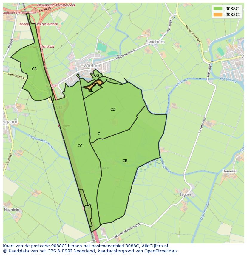 Afbeelding van het postcodegebied 9088 CJ op de kaart.