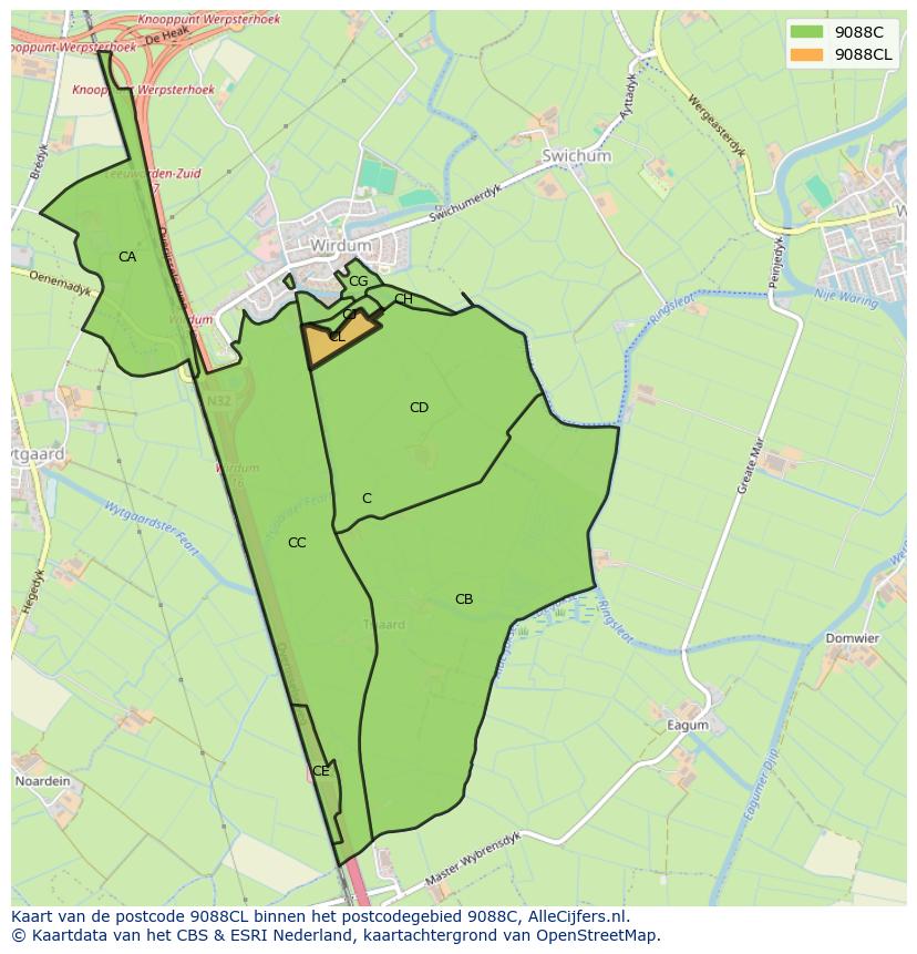 Afbeelding van het postcodegebied 9088 CL op de kaart.