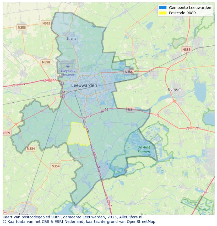 Afbeelding van het postcodegebied 9089 op de kaart.