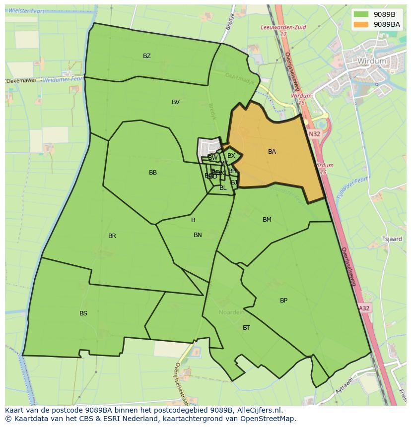 Afbeelding van het postcodegebied 9089 BA op de kaart.