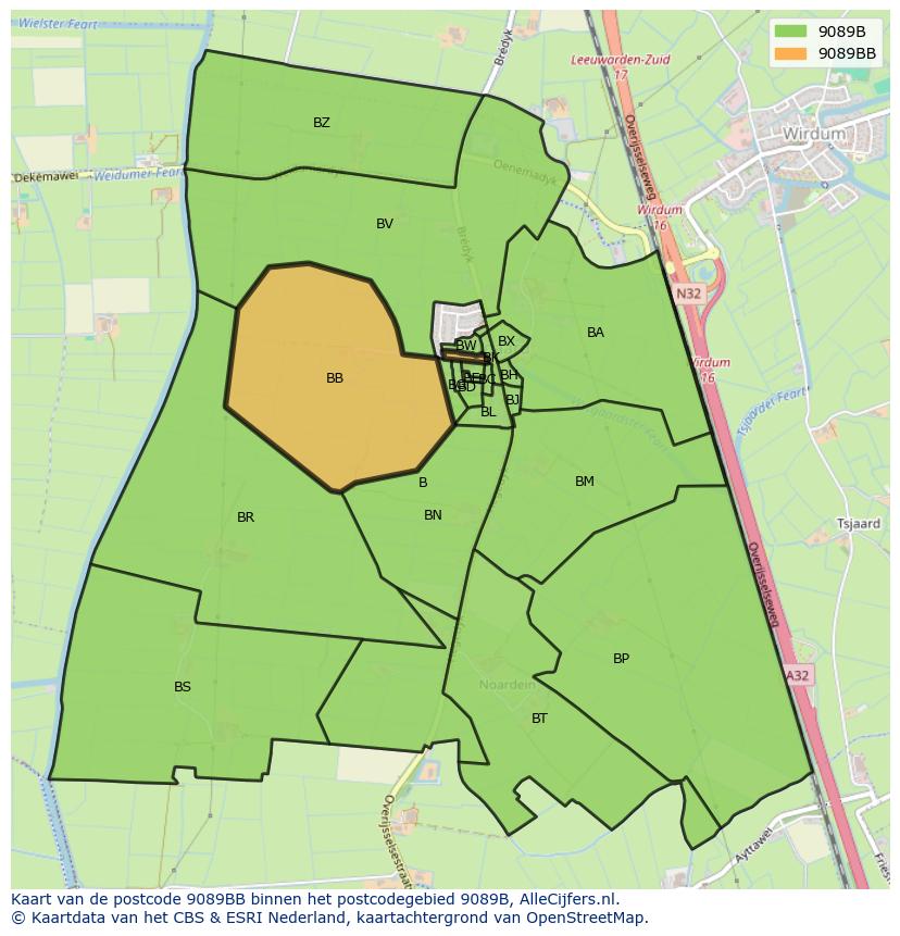 Afbeelding van het postcodegebied 9089 BB op de kaart.