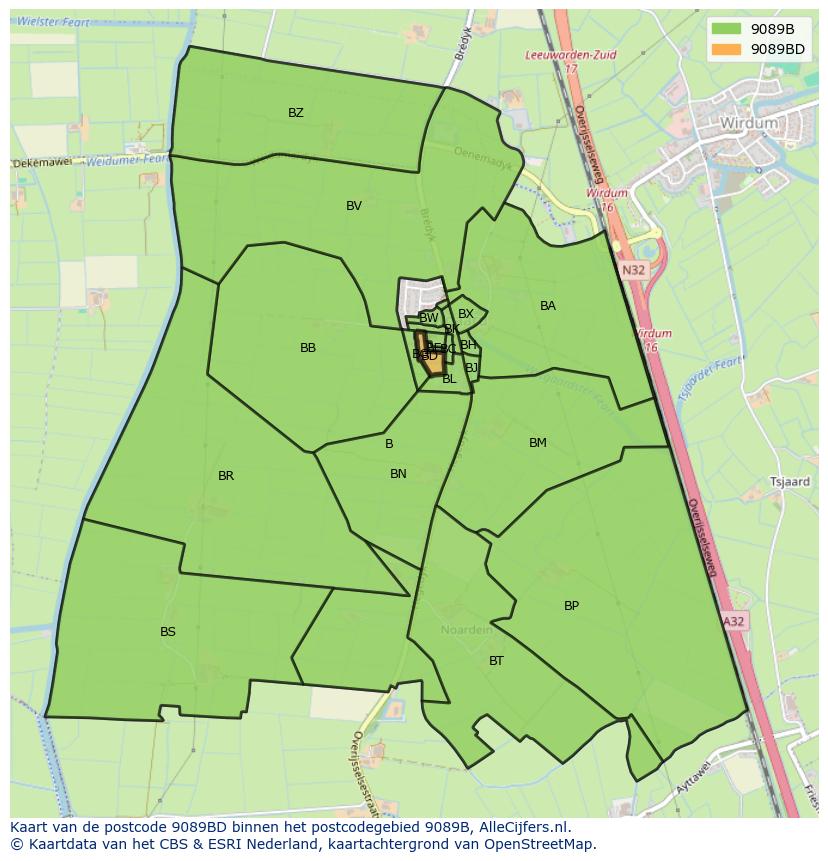 Afbeelding van het postcodegebied 9089 BD op de kaart.