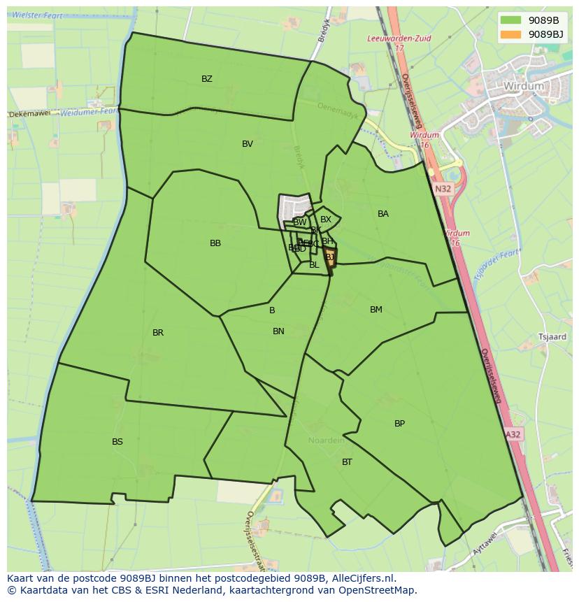 Afbeelding van het postcodegebied 9089 BJ op de kaart.