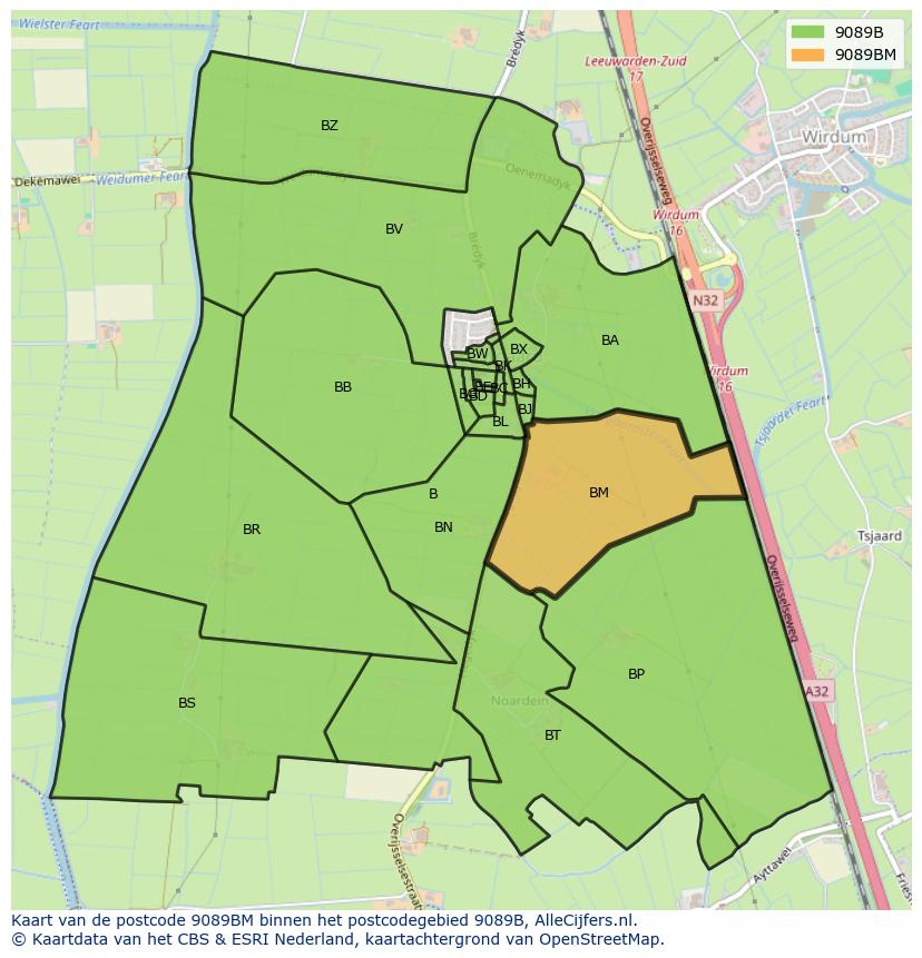 Afbeelding van het postcodegebied 9089 BM op de kaart.