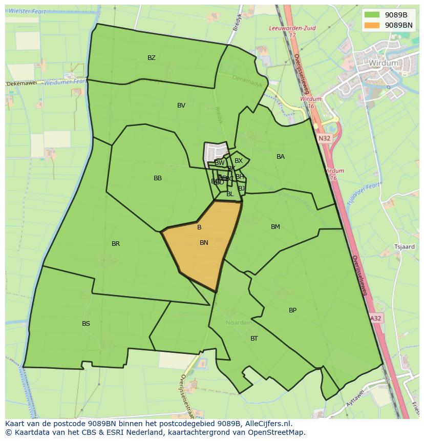 Afbeelding van het postcodegebied 9089 BN op de kaart.