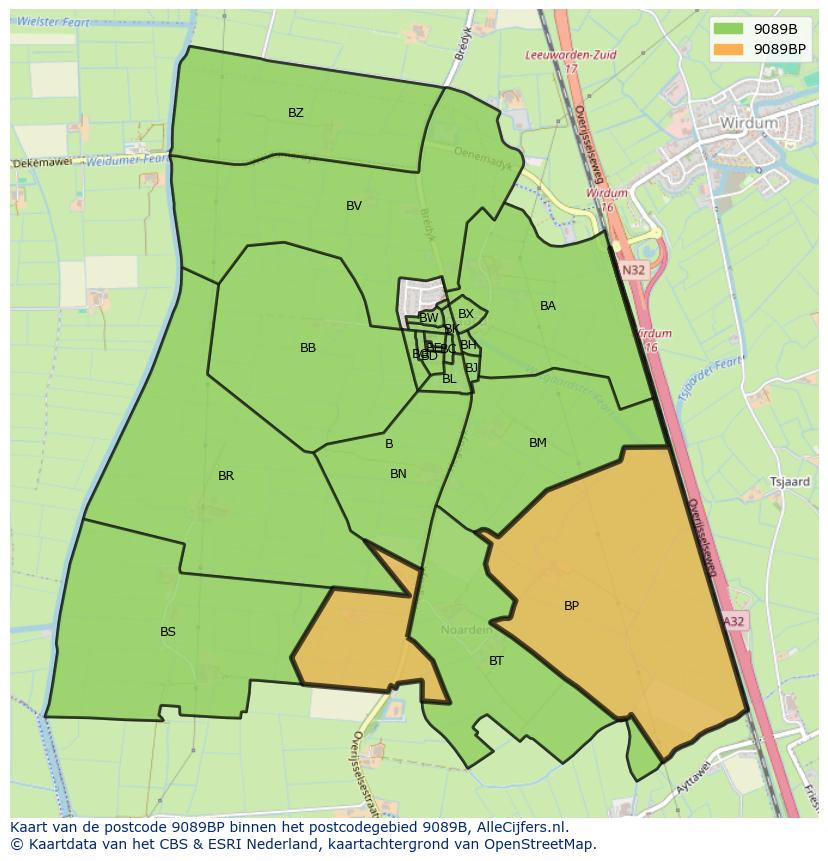 Afbeelding van het postcodegebied 9089 BP op de kaart.