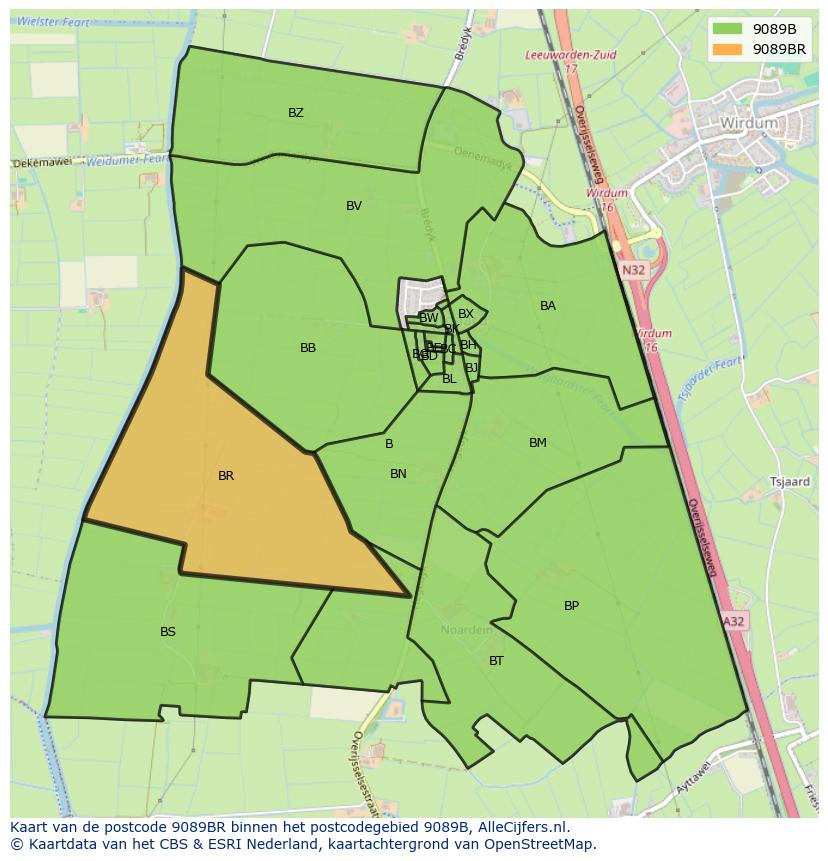 Afbeelding van het postcodegebied 9089 BR op de kaart.