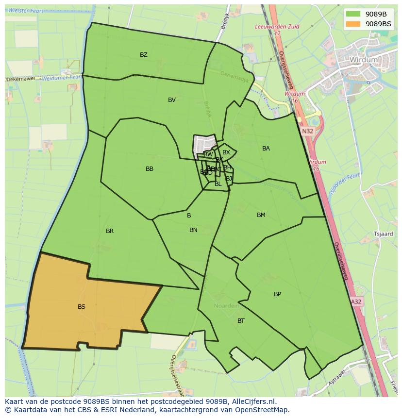 Afbeelding van het postcodegebied 9089 BS op de kaart.